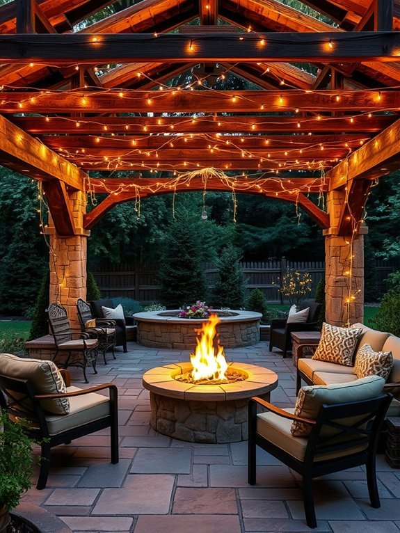 cozy stone firepit pergola