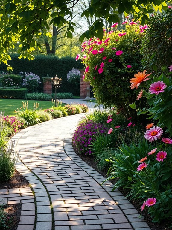 flower lined curved pathway