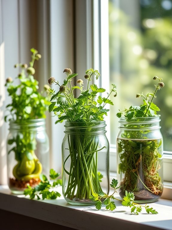 fresh herbs in jars