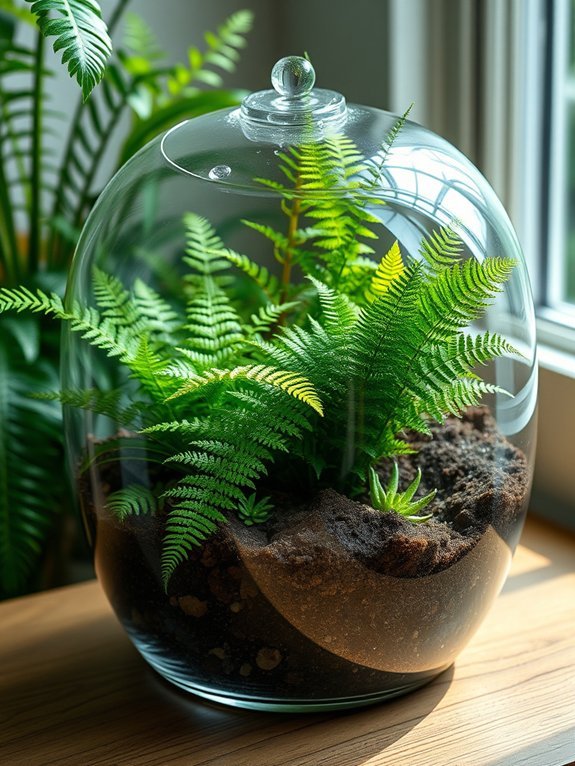 lush ferns in terrarium