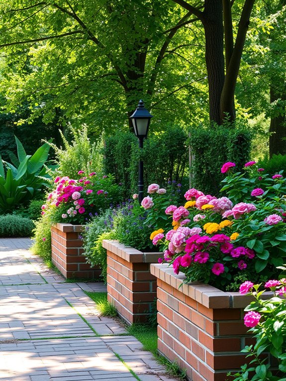 planters within brick pathway
