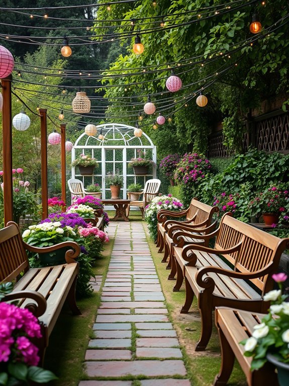 rows of garden benches