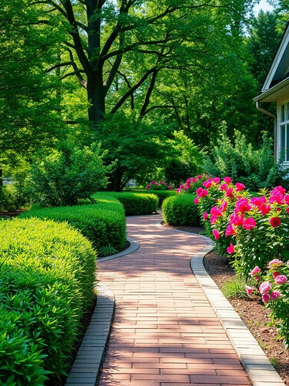 shrubs surround brick path