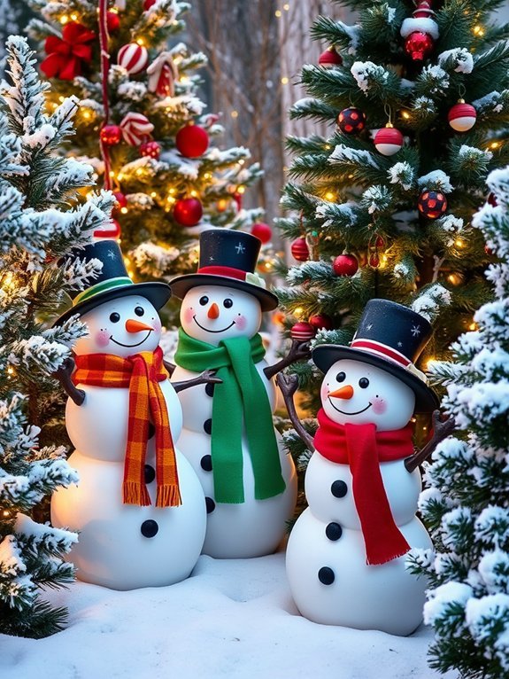 snowman models wearing scarves