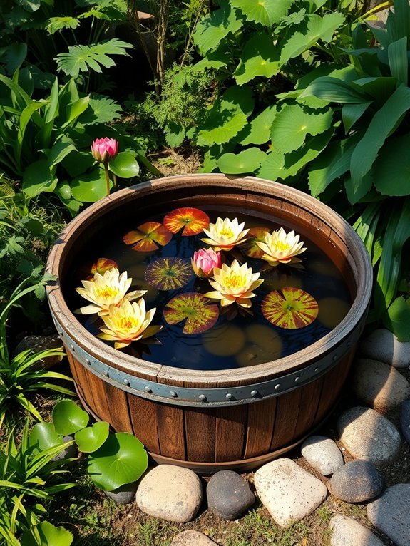 wooden barrel pond scenery
